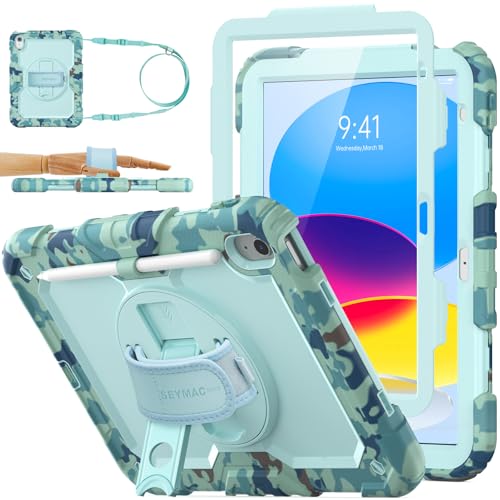 SEYMAC stock Case for iPad (A16) 11th/10th Generation 11''/10.9'' 2025/2022, Full-Body Drop Protection Case with Screen Protector &360° Rotate Hand Strap/Stand, SkyBlue Camo - color: Skyblue Camo, size: Case for iPad (A16) 11th/10th Generation 11/10.9''