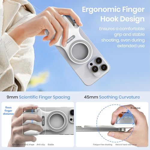 Magnetic Phone Camera Grip, Smartphone Shooting Holder Selfie Handle Snap with Wireless Shutter Button Remote for iPhone 16 15 14 13 12 Pro Max Android Cellphone Vlog Video Photography(White) - color: White