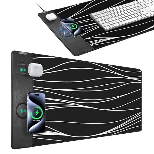 Mouse Pad with Wireless Charging, Gaming Mouse Pad with Ultra-Smooth Surface, Large XXL Desk Mat, Non-Slip Mouse Mat, Waterproof Computer Keyboard Pad for Desk, Office, 800x400x4MM, Black and Line - color: Black and Line - 31.5"x15.7"