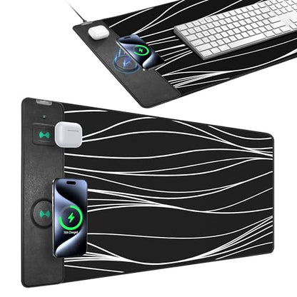 Mouse Pad with Wireless Charging, Gaming Mouse Pad with Ultra-Smooth Surface, Large XXL Desk Mat, Non-Slip Mouse Mat, Waterproof Computer Keyboard Pad for Desk, Office, 800x400x4MM, Black and Line - color: Black and Line - 31.5"x15.7"