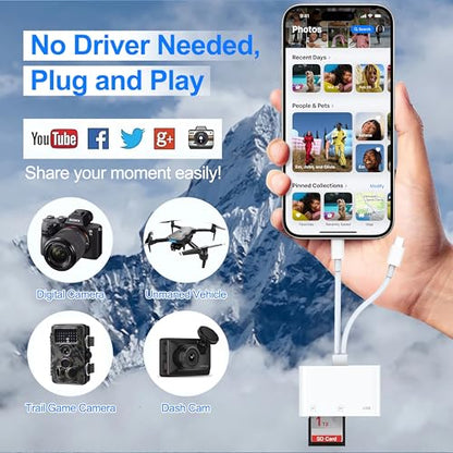 SD Card Reader for iPhone iPad Mac, Digital Camera Adapter to iPhone Lightning & USB C Dual Connector, Trail Camera Memory Card Viewer with SD/Micro SD/USB-A 3 Slot, No App Plug and Play - size: 3 Slot