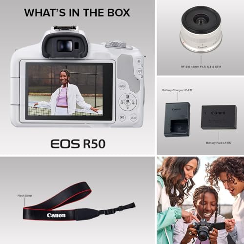 Canon EOS R50 Mirrorless Camera RF-S18-45mm F4.5-6.3 is STM Lens Kit, 24.2 Megapixel CMOS (APS-C) Sensor, 4K Video, Hybrid Camera, Photo and Video, Vlogging, Content Creator, RF Mount, White | 24.2MP Aps-C Sensor • 4K UHD Video • Rf-S 18-45mm F/4.5-6.3 Is