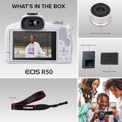 Canon EOS R50 Mirrorless Camera RF-S18-45mm F4.5-6.3 is STM Lens Kit, 24.2 Megapixel CMOS (APS-C) Sensor, 4K Video, Hybrid Camera, Photo and Video, Vlogging, Content Creator, RF Mount, White | 24.2MP Aps-C Sensor • 4K UHD Video • Rf-S 18-45mm F/4.5-6.3 Is