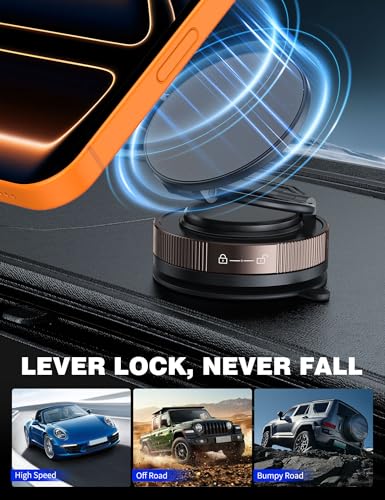 ACAGET 360° Adjustable Vacuum Suction Magnetic Phone Holder for MagSafe Car Mount, Suction Cup Makeup Mirror Tripod Phone Bracket Mount for Vlog Video Recording, Zinc Alloy Vacuum Magnetic Car Holder