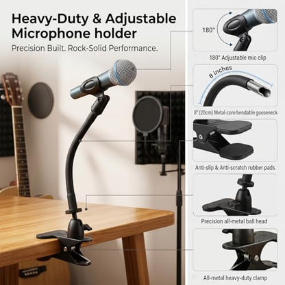 ROCKFREE Microphone Stand with 360° Rotating Base,Heavy-Duty Desk Clamp,8" Flexible Gooseneck Mic Mount,Includes 1/4" to 3/8" & 5/8" Metal Adapters for Shure,Fifine,HyperX,AT2020,Blue Snowball,Razer