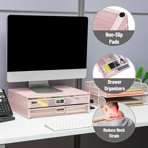 Mind Reader Mesh Monitor Stand, Pink | Storage Drawer, Ventilated Laptop Riser, Desktop Organizer, Metal Mesh
