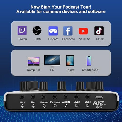 F993 All-in-One Podcast Equipment Bundle for 2，BM-800 Recording Studio Package with Voice Changer, Live Sound Card - Audio Interface for Vlog/Live Streaming/Singing/YouTube/Gaming - size: 2 MIC-1