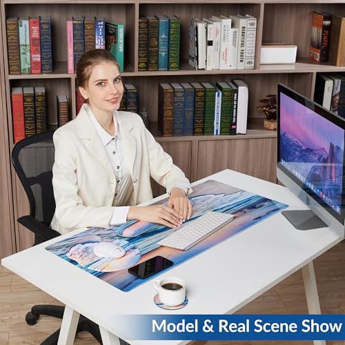 Desk Mat Set + Keyboard and Mouse Pad with Wrist Rest Support,4-in-1 Large Mousepad Computer Mats for Desktop Home & Office-Night Moon - color: H-Night Sea