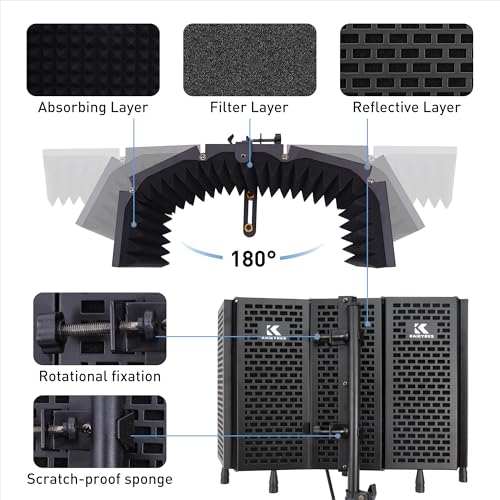 5-Sided Isolation Shield Microphone Stand, Studio-Grade Soundproof Booth with Pop Filter & High-Density Foam, Adjustable Tripod for Home music studio, Podcasting Mic Stand with Pop Filter