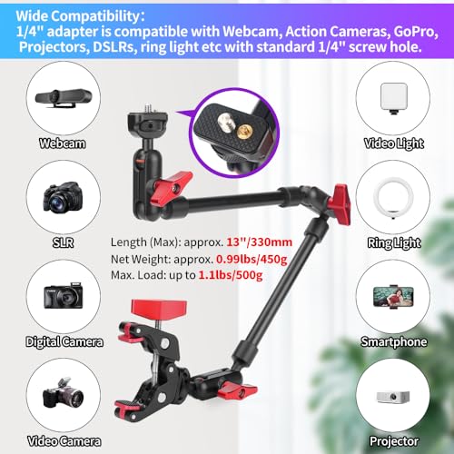 22" Articulating Magic Arm Camera Mount, Desk Clamp Overhead Mount | Anti-deflection lock, anti-slip pads, 0.55lb load, 1/4 3/8 5/8 adapters, aluminum, POV, light, phone, webcam, mic, vlogging