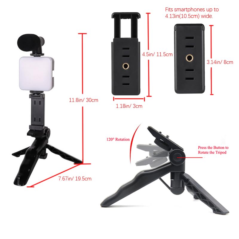 HuaerHui Vlogging Starter Kit with Mini LED Video Light + Shotgun Microphone + Universal Cellphone Holder Clip + Pistol Grip Tripod Compatible with Smart Phones/Cameras
