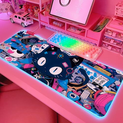 JMIYAV Pink RGB Gaming Mouse Pad 31.5x12 Inch PC XL Large Extended Glowing Led Light Up Desk Pad Non-Slip Rubber Base Computer Cute Mousepad Mat Desk Accessories Gaming Setup 102 - color: Neon Cat