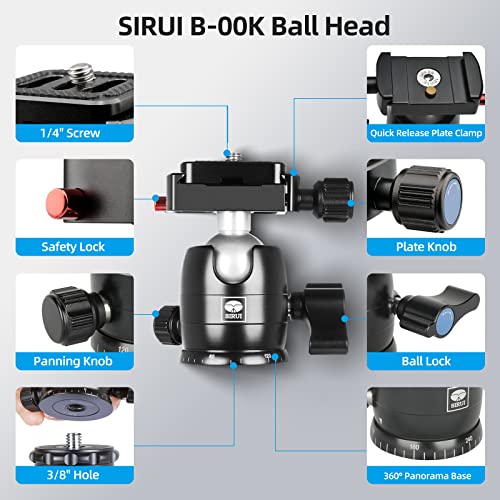 SIRUI Camera Tripod Ball Head, 10KG/22.05lbs Loading Capacity, 360°Panning Base, Aluminum Build Quality, Safety Lock, Universal Mounting Plate for Easy Attachment (B-00K Ball Head) (B-00K) - color: B-00K