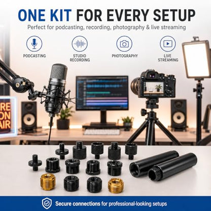 16 Pack Mic Stand Adapter Screws with Extension Tube, Microphone Stand Adapter Kit, Black Aluminum Alloy, 5/8 to 3/8, 3/8 to 5/8, 1/4 to 5/8 Threaded Mount for Mic Boom Arm, Tripod & Fill Light