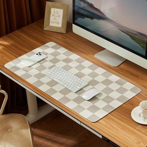 Ohocut Checkered Desk Mat, 31.5" x 15.7" Large Cute Beige Khaki Aesthetic Retro Accessories, PU Leather Computer Laptop Desk Mat Mouse Keyboard Pad, Desk Writing Makeup Mat for Vanity/Work/Home Decor - color: Khaki, size: 31.5" x 15.7"