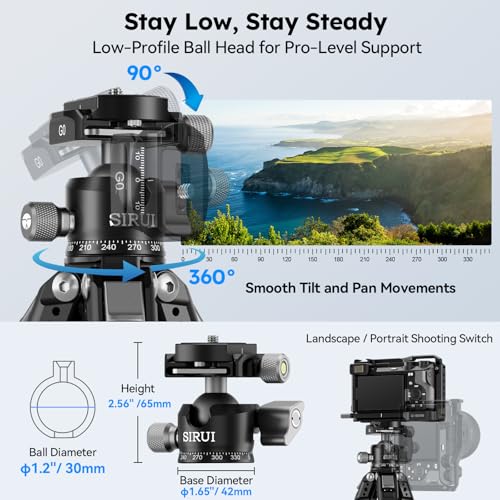 SIRUI Carbon Fiber Travel Tripod, 50" Compact Lightweight Backpack Tripod with Low Profile Ball Head with Quick Release Plate for Arca, 6 Mounting Points for Camera and Phone, AM-225S+G0 - size: AM-225S+G0