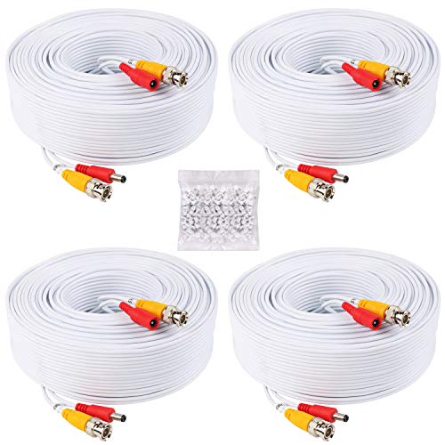4 Pack 100feet(30M) 2-in-1 BNC Video Power Cable, Security Camera Wire Cord Extension Cable for CCTV DVR Surveillance System, Free 8 x BNC Connectors and 100pcs Cable Clips - color: 100ft-White
