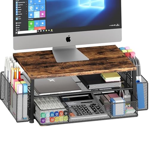 OPNICE Wood Desk Organizers and Accessories, 2-Tier Computer Monitor Stand Riser with Drawer and 2 Pen Holders, Laptop Stand, Office Desk Accessories for Office Supplies, Brown - color: Brown 1-Pack, size: Single