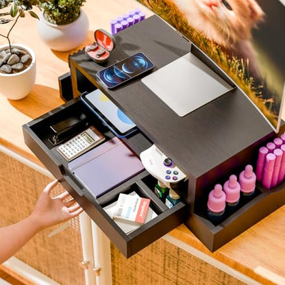 Simple Trending Wood Monitor Stand Riser with Drawer and Pen Holder, Desk Organizer for Home Office, Black - size: 20.25"W x 9.25"D x 5.5"H