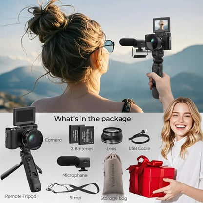 4K Vlogging Camera with Creator Kits 5K Digital Camera for Photography 64MP Video Camera with Flip Screen, Microphone, Powerbank Tripod, Wide-Angle & Macro Lens, Remote Control, Batteries