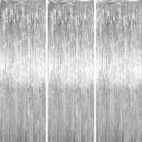 Voircoloria 3.3 x 6.6 ft Foil Fringe Backdrop Curtains, Tinsel Streamers Party Decorations, Fringe Backdrop for Birthday, Baby Shower, Gender Reveal, Graduation (3, Silver) - color: Silver