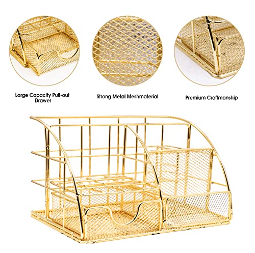 KAAKOW Gold Desk Organizers and Accessories Office Supplies Set Stapler, Pen Holder, Phone Holder, Scissors, Pen, Ruler, 30 Paper Clips, 22 Binder Clip, 20 Tacks and 1000pcs Staples (Gold) - color: Gold