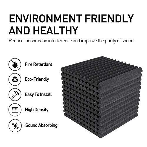Focusound 24 Pack Acoustic Foam Panels 1" x 12" x 12" Sound Proof Foam Panles Soundproofing Noise Cancelling Wedge Panels for Home Office Recoding Studio with 240PCS Double-Side Adhesive - size: 24 Pack