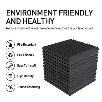 Focusound 24 Pack Acoustic Foam Panels 1" x 12" x 12" Sound Proof Foam Panles Soundproofing Noise Cancelling Wedge Panels for Home Office Recoding Studio with 240PCS Double-Side Adhesive - size: 24 Pack