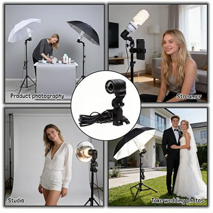E27 Lamp Holder with Umbrella Bracket, 360° Adjustable Photography Light Stand Mount with 1.8M Cable & Switch, Nylon E27 Socket for Studio Video Recording, Live Streaming, and Continuous Lighting