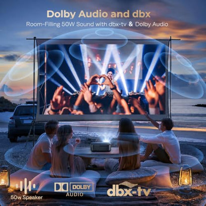 [2500 ANS ＆ 50W] Alvar Outdoor Projector 4K Support with WiFi 6 and Bluetooth, dbx-tv Sound, Built in NetfIix App & DoIby Audio Proyector, Auto Focus & Keystone Smart for Soccer Match