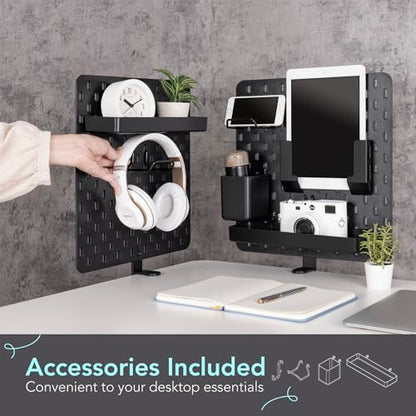 EHO Clamp-On Desk Pegboard, 2Pack (Combined Size 27 x 14 inch) Privacy Divider, Desk Partition Panel, No-Drill Desk Mounted Peg Board Organizer for Office, Gaming, Home, Black