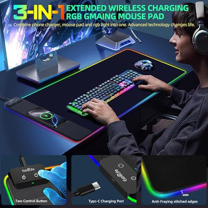 Mouse Pad with Wireless Charging, RGB Gaming Mousepad, Large Desk Mat with Ultra-Smooth Surface, Non-Slip Mouse Mat, Waterproof Computer Keyboard Pad with 18W QC Power Adapter, 800x400x4MM, Black - color: Black-rgb(with Charger & Cable)