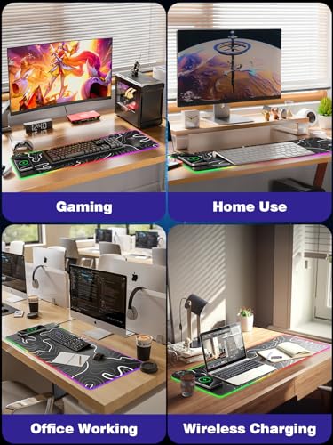 Wireless Charging RGB Gaming Mouse Pad, 31.5"x15.7" XXL Large Desk Mat, Desk Pad for Gamer, 9 Light Modes, Non-Slip Rubber Base, Waterproof, Computer Keyboard Mat, Black - color: Black-white Topographic Line