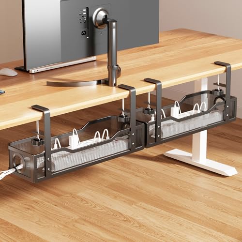 [Upgraded] 2 Pack Under Desk Cable Management Tray, Cinati Cord Organizers for Table Thickness up to 3", 16" Wire Organization with Clamp No Drill, Cable Management Box for Office - No Damage to Desk - color: Black, size: 16"-2 Pack