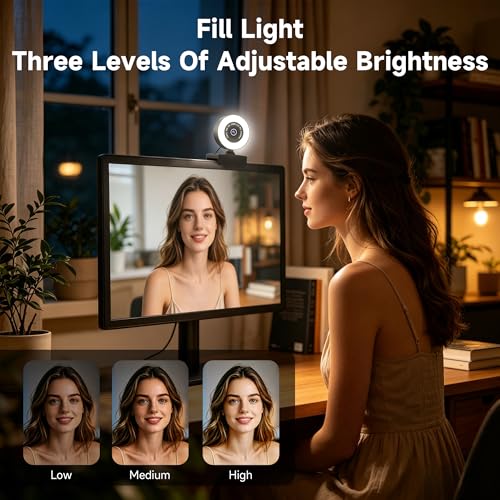 USB HD 4K Video Webcam，with Ring Ligh and Microphoneand Rotatable Tripod& Privacy Cover for PC，, Fast AutoFocus，with Auto White Balance for Video Calls, Live Streaming Gaming & Online Meetings