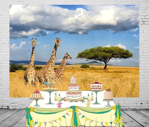 Fabric 12x8ft Kilimanjaro Giraffe Backdrop Africa Safari Landscape Photography Background Giraffe Birthday Kenya Party Decorations Photo Booth Props Wildlife Animals Zoo Theme Party Banner - size: 12x8FT