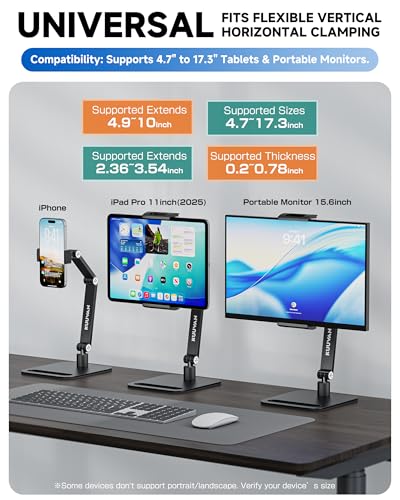 Portable Monitor Stand for 15.6'',17.3'', Tablet Stand Holder for iPad | Aluminum Alloy Foldable Arm Mount with 360° Swivel, Desk Holder Compatible with 4.7-17.3inch Tablet iPad Pro : Electronics