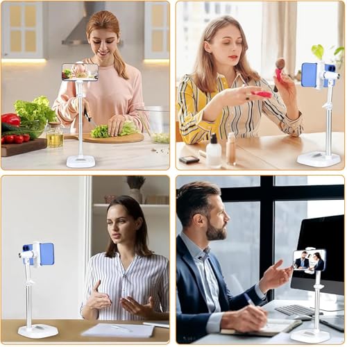 Adjustable Height Phone Stand for Desk, Angle Adjustable Desktop Phone Holder with 360°Rotation Ball-Head,Weighted Base and Aluminum Alloy Support Rod for Phone 4”-7” - color: T10White