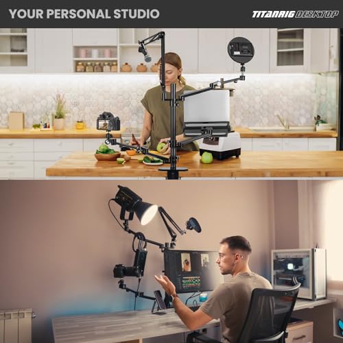 TARION Overhead Camera Desk Mount: 4-in-1 Heavy Duty Mount Set with 1 Mic Boom Stand + 3 Articulating Arms for DSLR Cameras Ring Light Monitor Laptop - Live Stream Stand TitanRig Desk - size: 4-in-1 Desk Set