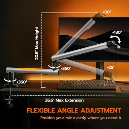 ARES WING Aluminum Low Profile Mic Arm with RGB Light, Adjustable Microphone Boom Arm with 4.4 lbs Load Capacity, 3/8” to 5/8” Screw Adapter, Desk Mount Mic Stand for Gaming Streaming Podcasting