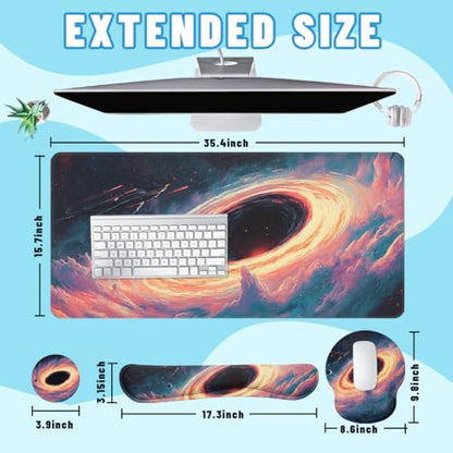 Black Hole Desk Mat Set Galaxy Space Art Large Mouse Pad with Wrist Rest 4in1 Desk Mat for Desktop Ergonomic Computer Desk Arm Wrist Anti-Slip Computer Ergonomic Mouse Pad Home Office Gaming - color: Black Hole Galaxy Space