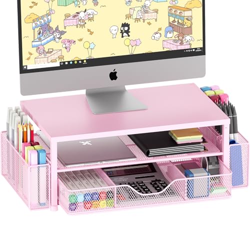 OPNICE Desk Organizers and Accessories, 2-Tier Computer Monitor Stand Riser with Drawer and 2 Pen Holders, Laptop Stand, Office Desk Accessories & Office Decor for Women, Pink - color: Pink 1-Pack, size: Single