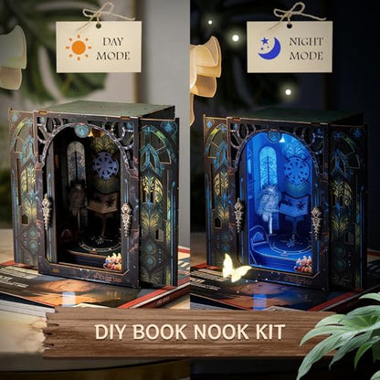 DIY Book Nook Kit Miniature Dollhouse with LED Light, 3D Wooden Bookshelf Insert Reading Corner Bookshop, Mini Library Model Building Kit for Adults Teens, Book Nook Shelf Decor Gift for Book Lovers - style: Mystic Library