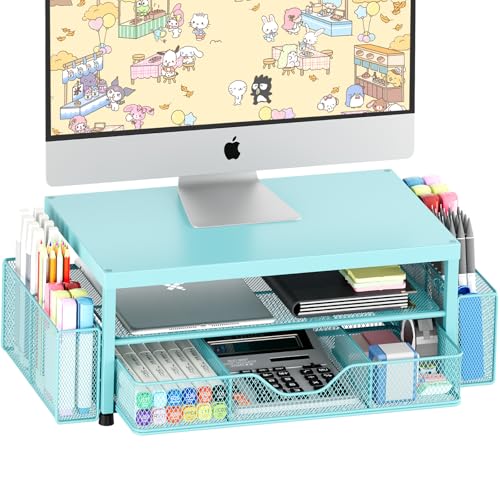OPNICE Desk Organizers and Accessories, 2-Tier Computer Monitor Stand Riser with Drawer and 2 Pen Holders, Laptop Stand, Office Desk Accessories for Office Supplies, Teal Blue - color: Teal Blue 1-Pack, size: Single