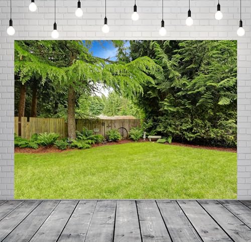 15x8ft Fabric Spring Backyard Backdrop for Photography Green Backyard Area with Wooden Fence and Trim Background for Green Grassland Nature Outdoor Photo Backdrop Kids Adults Studio Props - size: 15x8FT