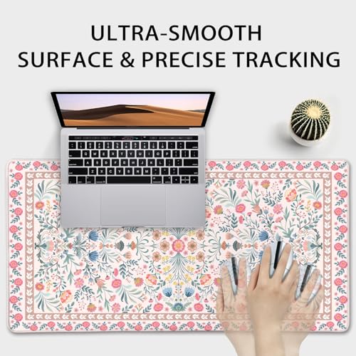 Pink Floral Desk Mat 31.5"x15.7" | Extra Large Mouse Pad, Non-Slip Rubber Base, Waterproof Desk Blotter, Stitched Edges, Smooth Computer Mat Office - color: Pink Floral