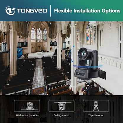 TONGVEO Wireless AI PTZ 20X Zoom Camera with Auto-Tracking: Built-in 5.8GHz Receiver for Cable-Free Setup, 1080P 60fps Conference Camera for Church Services, Online Classes & Hybrid Meetings - color: Gloss