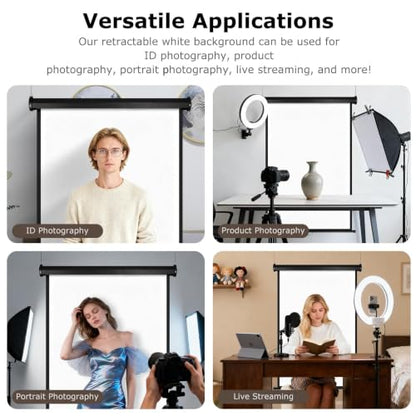 Retractable White Photography Backdrop Screen, 36 x 56 Inch Pull-Down PVC Photo Background, Auto-Lock Backdrop for Product Photography, Headshots, ID Photos & Live Streaming