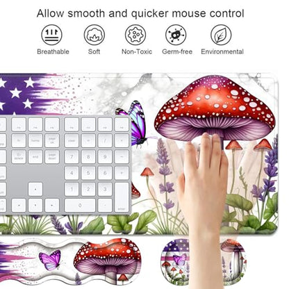 4 in 1 Ergonomic Keyboard Wrist Rest & Mouse Pad Wrist Rest Set, Large XXL Gaming Desk Mat 31.5"x 11.8" with Non-Slip Base, Memory Foam for Home Office Study Gaming, American Flag Mushroom Butterfly - color: American Flag Mushroom Butterfly