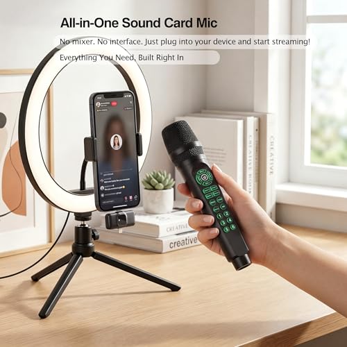 MC9 Online Karaoke Microphone for Phone/PC, Live Streaming Microphone Set | Easy Podcast Kit w/Built-in Sound Card, Voice Changer, Real-Time Monitoring for TikTok YouTube Live Recording Beginners